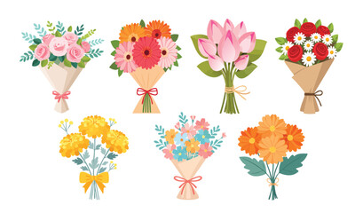 Seven bouquets of flowers, each with different colors and flower types, are tied with ribbons and wrapped in paper. Vector set small flower bouquets.