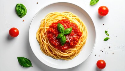 Italian Spaghetti with Tomato Sauce and Basil on White Plate Top View Overhead Shot