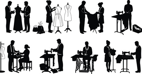 Fashion design silhouettes, tailoring process icons, sewing machine, dressmaking on mannequin, teamwork in garment creation, vector illustration for clothing, textile, creative industry concepts