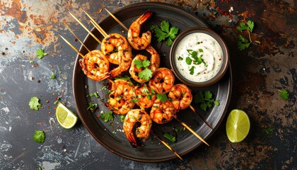 Juicy Grilled Shrimp Skewers Served With Creamy Dip And Fresh Lime Slices Garnished With Cilantro Sprinkles On A Dark Rustic Plate Under Natural Lighting