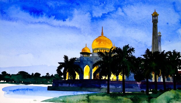Watercolor mosque at twilight