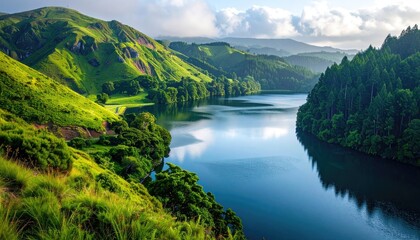 Lush Green Hillsides Embrace Serene Blue Water Body Under a Bright Sky with Wispy Clouds