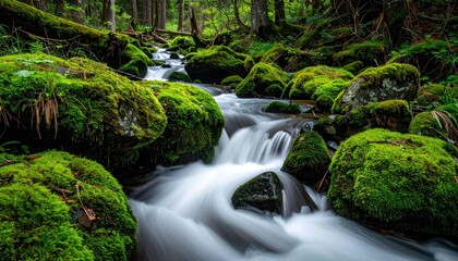 Lush green moss-covered rocks surrounding a gentle waterfall in a sun-dappled forest with sparkling light effects and flowing water motion blur