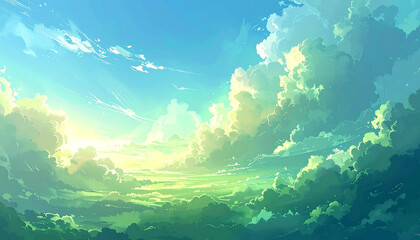 Fototapeta premium A beautiful summer day with a few clouds in the sky the sun is shining brightly and the birds are singing the trees are green and lush 1