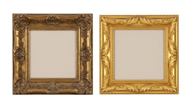 Two ornate antique gold and bronze picture frames on a black background