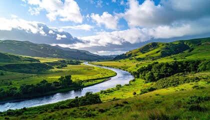 Meandering River Through Lush Green Rolling Hills Under a Dramatic Cloudy Sky with Golden Hour Sunlight