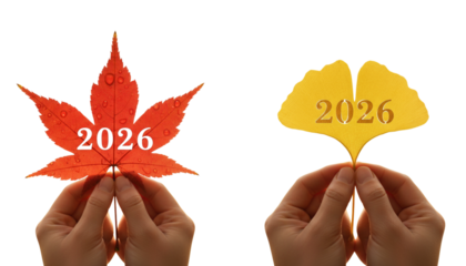 Hands hold autumn leaves with the year 2026