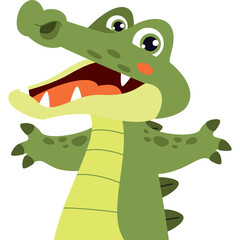 Cute cartoon alligator with open mouth and outstretched arms against a transparent background