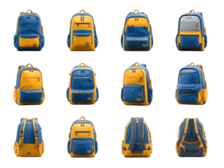 Variety of backpacks in mustard yellow and navy blue