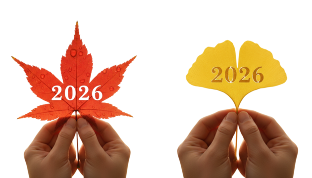 Hands hold autumn leaves with the year 2026