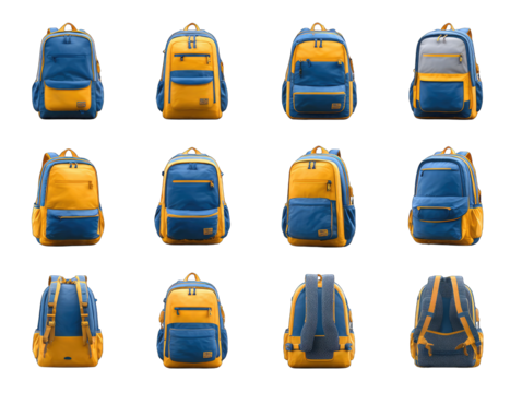 Variety of backpacks in mustard yellow and navy blue - Powered by Adobe