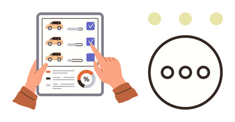 Hands holding a checklist with car options, check marks, and pie chart circular navigation dots nearby. Ideal for car rental, decision-making, preferences, data analysis, planning, reviews choices