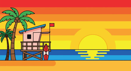 Obraz premium Beach sunset illustration with lifeguard tower palm trees and surfboard vector