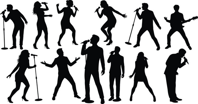 Music performance silhouette vector illustration, singer and musician icons set, concert stage art, live entertainment design, microphone, guitar, dancing poses collection