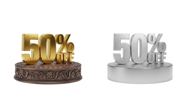 Gold and silver 50 percent off sale discount icons