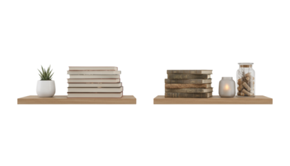 Two wooden shelves with decorative items and books on a black background