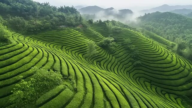Lush green agricultural terraces covering rolling hillsides with misty backdrop
