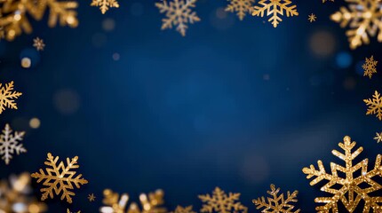 Discover beautiful winter decorations with golden snowflakes and a serene blue background  with copy space on center - Powered by Adobe