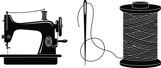 Silhouette sewing machine with needle and thread, vintage spool illustration, textile craft vector design for tailoring, fashion, handmade clothing, and fabric work