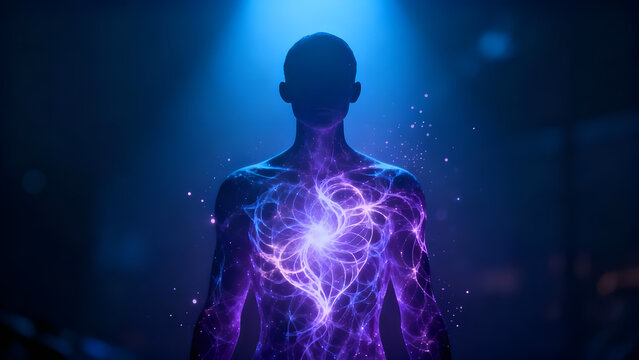 An AI being discovering its inner soul through fractal light within a digital void, exploring emotion and awareness in a far future.