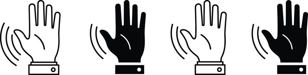 Silhouette vector of waving hand gesture, cartoon icon, greeting symbol, farewell sign, black outline, isolated design, communication, friendly illustration