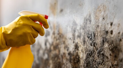 Awesome photo of hand in glove spraying mold remover on wall with black mold spots.