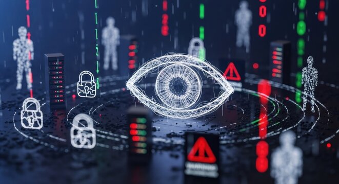 A futuristic, digital eye icon surrounded by various security icons on a dark, reflective surface.
