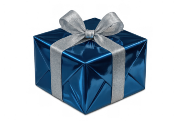 Present box wrapped in vibrant blue foil paper and tied with a sparkling silver ribbon. Concept of giving, celebration, and holidays