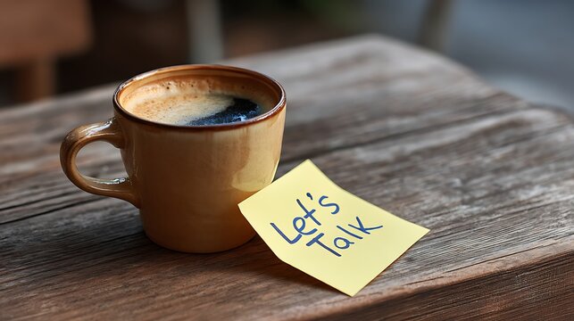 Awesome photo of lets talk message on a sticky note with a cup of coffee on wooden table.