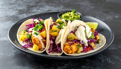Two fish tacos with pineapple salsa, red cabbage, and creamy sauce