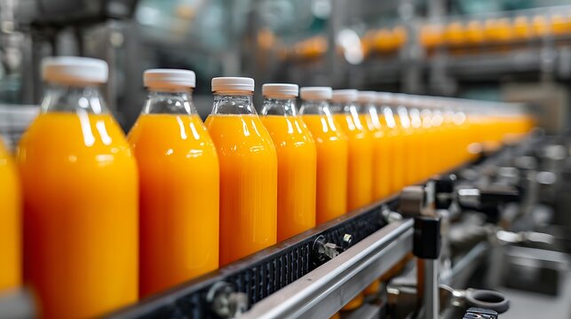 Awesome photo of orange juice bottles on conveyor belt in beverage factory production line. - Powered by Adobe
