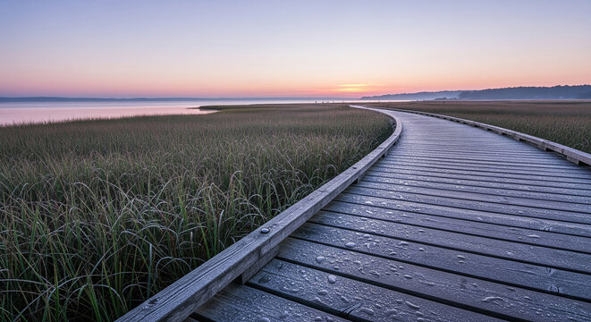 A wooden boardwalk path leads through a tranquil coastal marsh at sunset, a serene scene representing a journey, contemplation, and peaceful nature