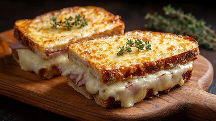 Awesome photo of two delicious croque monsieur sandwiches on a wooden board with thyme.
