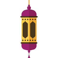 Traditional Islamic Lantern With Purple Top And Bottom And Gold Colored Body Hanging On White Background