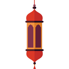 Traditional Islamic Lantern With Red Top and Bottom Ornate Design Hanging Against White Background Intricate Patterned Glass Detail