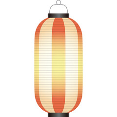 Traditional Japanese Chochin Lantern with Orange and White Stripes illuminated with Soft Yellow Light Hanging from a Silver Hook Isolated on White Background Detailed Festive Decoration