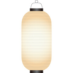 Traditional Japanese Chochin Lantern with Cream White Shade and Black Cap Detailed Illustration Hanging Element Illuminated Ambient Glow Neutral Background
