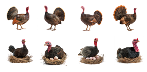 Collection of Turkey resting A turkey stands or sits with its wings slightly tucked and tail relaxed. full length isolate on transparent background