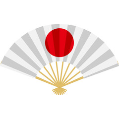 Traditional Japanese Folding Fan With Red Sun Symbol On White Stripes And Golden Handle Isolated On White Background