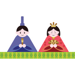 Traditional Japanese Hina Dolls Emperor and Empress in Colorful Kimono with Gold Accents on Decorative Dais with Geometric Pattern
