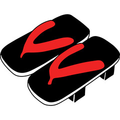 Traditional Japanese Geta Sandals Black with Red Straps Isolated on Transparent Background Simple Vector Illustration