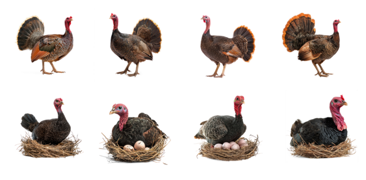 Collection of Turkey resting A turkey stands or sits with its wings slightly tucked and tail relaxed. full length isolate on transparent background