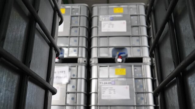 Chemical storage tanks organized in a dedicated safety area represent controlled chemical supply, management, and industrial safety standards.