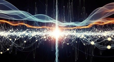 Dynamic digital sound waves pulse and flow creating an abstract symphony of light and energy, perfect for tech and science themes.