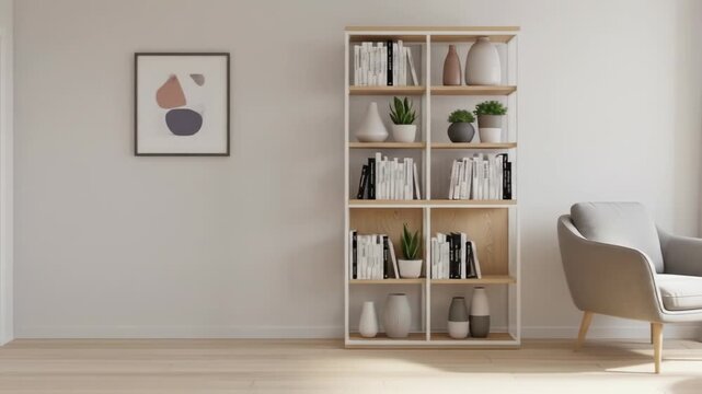 A minimalist living space featuring a bookshelf, armchair, artwork, and a small side table