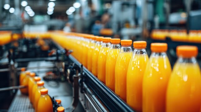 Orange juice bottles on a conveyor belt in a factory setting.