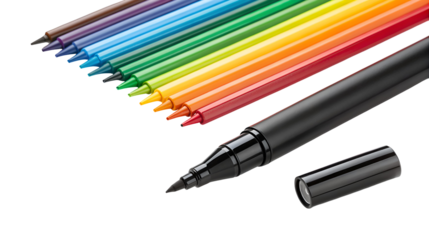 Assortment of vibrant felt tip pens arranged in a rainbow spectrum gradient with a large black marker isolated on transparent background