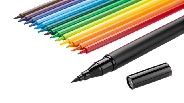 Assortment of vibrant felt tip pens arranged in a rainbow spectrum gradient with a large black marker isolated on transparent background