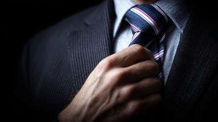 A man adjusting his tie in a suit.