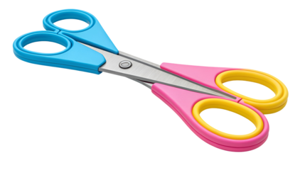 Brightly colored open scissors with blue and pink plastic handles and metallic blades isolated on transparent background